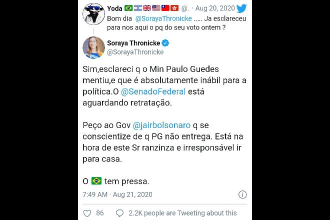 “Ranzinza e Irresponsável”: Soraya Thronicke pede pela demissão de Paulo Guedes