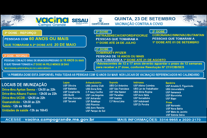 Prefeitura muda calendário e vacinação será para 1º, 2º e 3º dose nesta quinta