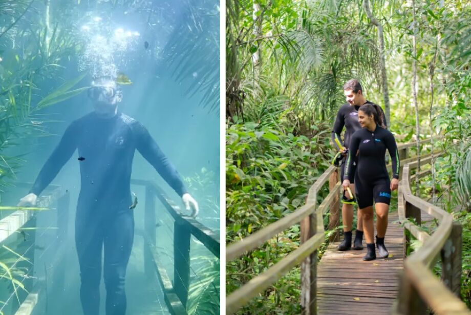 Fenômeno raro: após chuva, rio transborda e rapaz ‘anda’ em trilha submersa por rio cristalino em MS